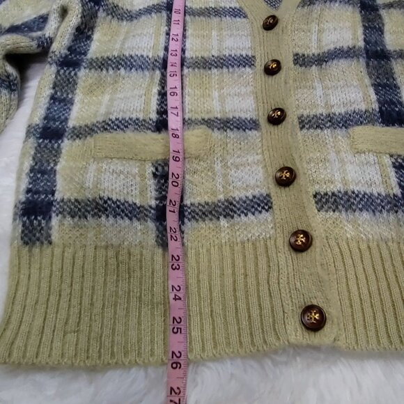 Tory Burch Light Green Mohair-Blend Plaid Brushed Intarsia-Knit Cardigan Medium - Picture 15 of 15